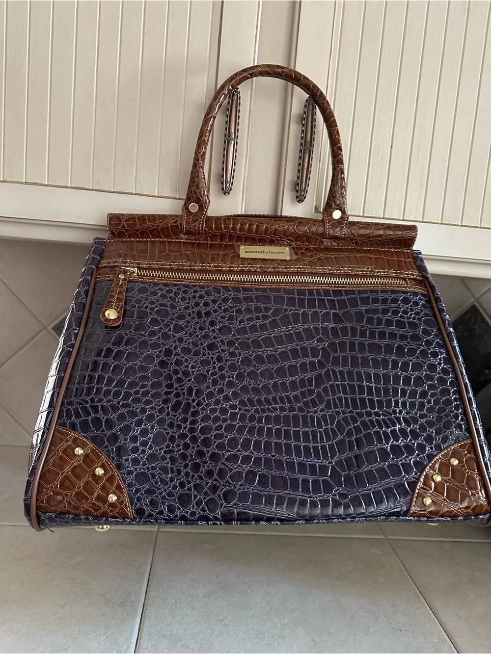 Croc-Embossed  Travel Tote in Dark Purple and Brown Trim by Samantha Brown